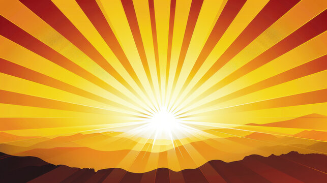 vibrant sunrise with radiant yellow and orange rays illuminating horizon, creating warm and uplifting atmosphere