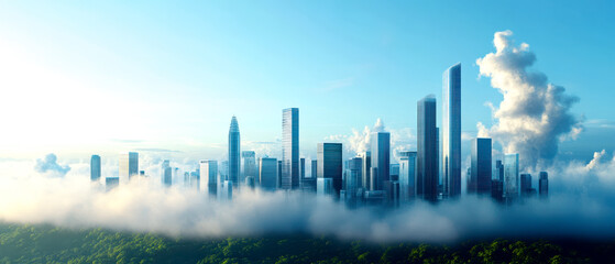 Fototapeta premium A modern skyline emerges through clouds, showcasing tall skyscrapers against a bright blue sky, symbolizing urban development and innovation.