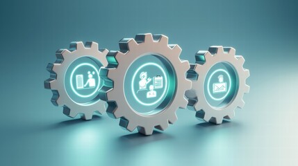 Three Interlocking Gears with Glowing Icons Representing Digital Connectivity and Efficiency