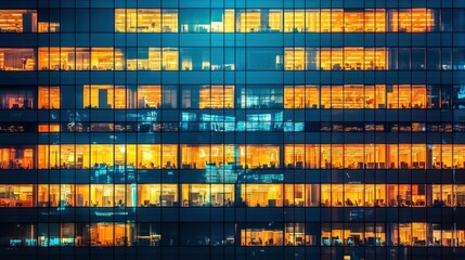 Night view of illuminated office building, windows glow with warm light, showing busy workers. Ideal for illustrating concepts of business, work, and urban life at night.