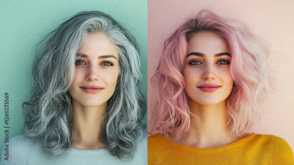 Poster beautiful transformation from gray to vibrant dyed hair showcasing stunning style evolution with tex