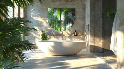 Fototapeta premium luxurious modern bathroom with freestanding tub and tropical pla