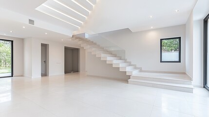 Modern home interior, staircase, bright lighting, empty rooms, real estate listing