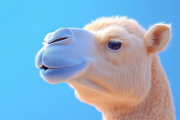 Obraz premium A close-up of a cartoonish camel with a soft, fluffy appearance against a bright blue background. The camel has a friendly expression, large eyes, and a smooth, rounded snout.