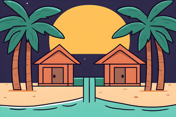 Obraz premium Idyllic tropical beach scene at night, featuring two charming beach huts connected by a small waterway under a large, bright moon, framed by two majestic palm trees.