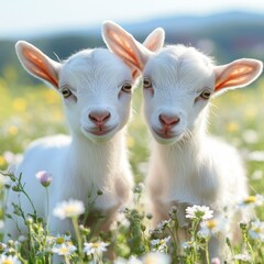 Obraz premium Adorable White Baby Goats in a Daisy Field