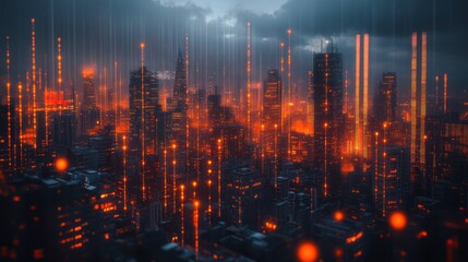 Fototapeta premium Futuristic city, digital rain, network, nighttime, data streams, skyscraper, urban, technology, background, website