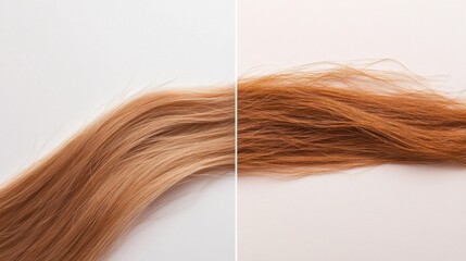 Fototapeta premium Comparison of healthy smooth hair strand versus brittle damaged hair strand to emphasize hair care importance. Generative AI