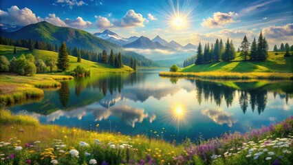Obraz premium Serene Mountain Lake Reflecting a Vivid Sunset with Lush Green Hills and a Colorful Wildflower Meadow