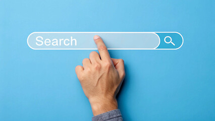 Finger presses the search button in the search bar on a blue  background,hand, screen, digital, business