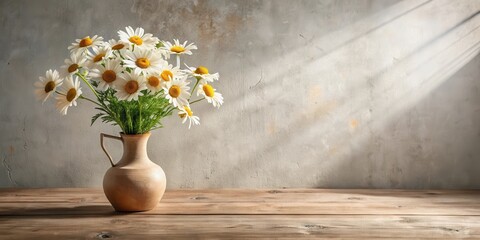 Rustic wooden table displays a bouquet of daisies in a simple earthenware vase, sunlight streams through a textured wall background.