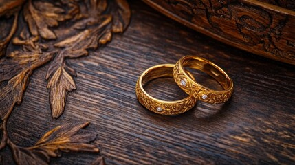 gold wedding rings on wooden background