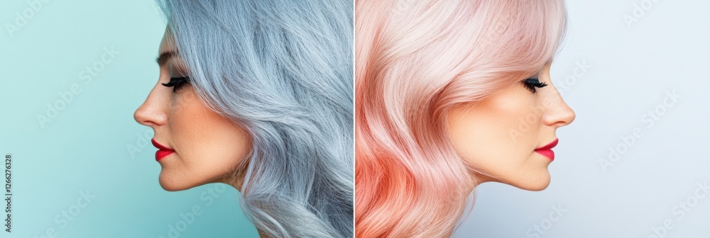 Poster Transitioning from gray hair to vibrant colors with a striking side by side comparison in a serene setting. Generative AI