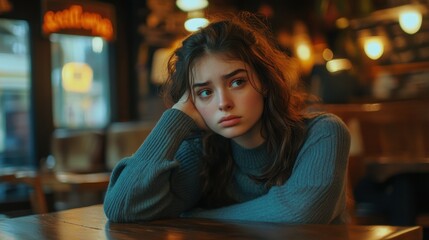 pensive young woman sitting alone in a cafe
