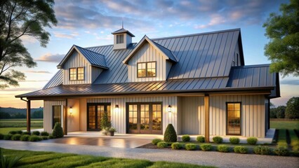 Obraz premium Modern Farmhouse Architectural Design at Sunset with Metal Roof and Exterior Lighting