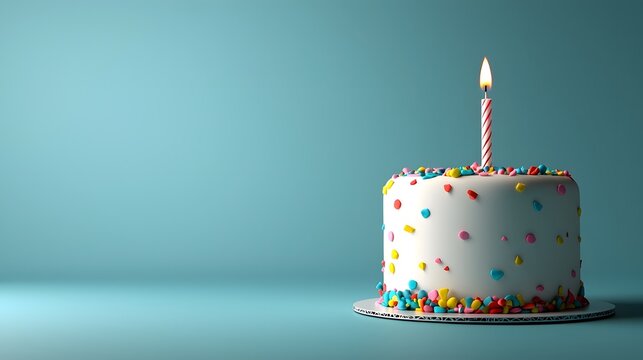 A simple homemade birthday cake with a single candle rendered in a cozy and sentimental 3D This image captures the warmth and joy of a special occasion