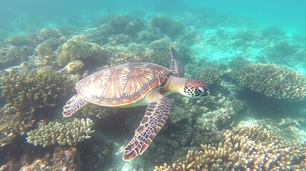 Obraz premium A graceful sea turtle gliding through vibrant coral reefs in crystal-clear waters