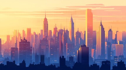 Obraz premium A famous city skyline at sunrise, with golden light reflecting off modern skyscrapers and historic landmarks. 