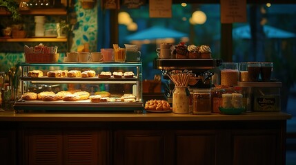 Evening Cafe Countertop Display Of Pastries And Coffee
