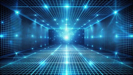 Obraz premium Abstract digital environment with glowing grid, vibrant blue hues, and a cosmic backdrop