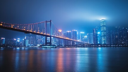 Obraz premium A scenic bridge in a famous tourist city, stretching over a calm river with reflections of glowing city lights. 