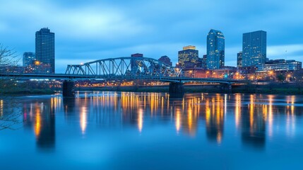 Naklejka premium A scenic bridge in a famous tourist city, stretching over a calm river with reflections of glowing city lights. 