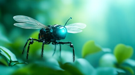 A close-up of a futuristic bee-like creature with glowing eyes, perched on lush green leaves in a vibrant, ethereal environment.