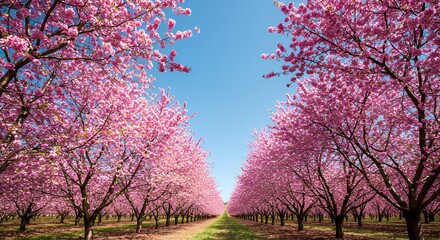 Naklejka premium Blooming Cherry Blossom Trees Align Under Clear Blue Sky in Orchard