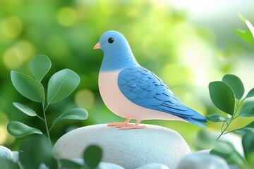 Obraz premium A cute, stylized blue bird with a white belly perched on a smooth stone, surrounded by green foliage and soft, blurred background, creating a serene atmosphere.