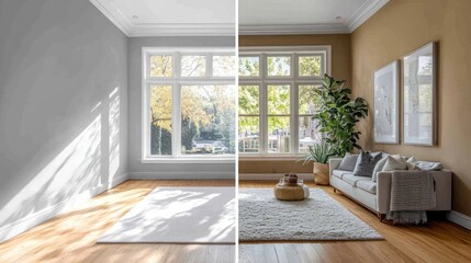 Fototapeta premium Before & After Room makeover, sunlight, hardwood floors, city view, home decor