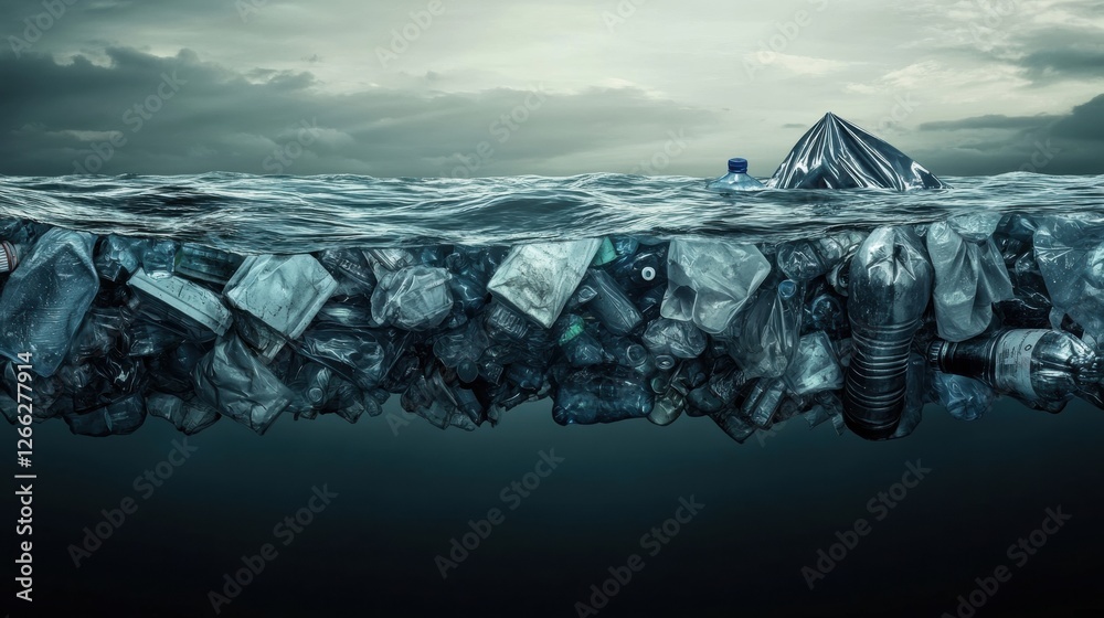 Aufkleber floating plastic waste cluttering the ocean surface with bottles and bags creating environmental con