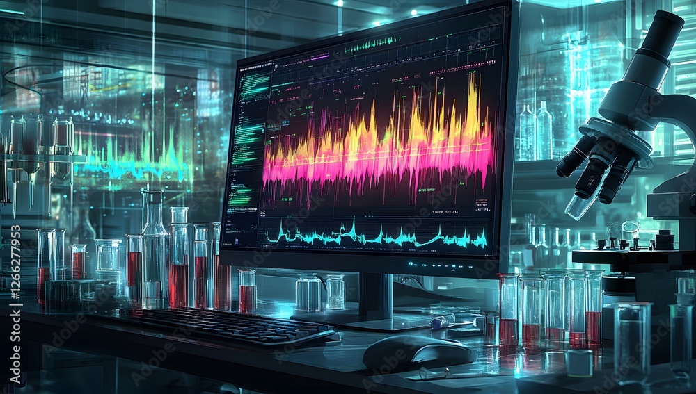 Poster Lab computer screen displaying data, lab equipment, research