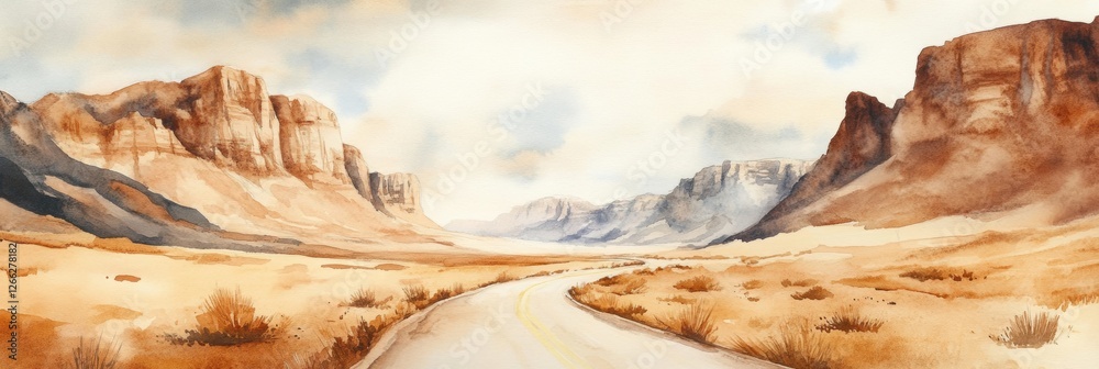 Poster vast desert landscape with winding road surrounded by majestic mountains under a softly cloudy sky. 