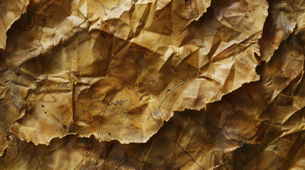 Aged, crumpled map with intricate markings and textures, evoking sense of adventure and exploration. Perfect for storytelling or historical themes