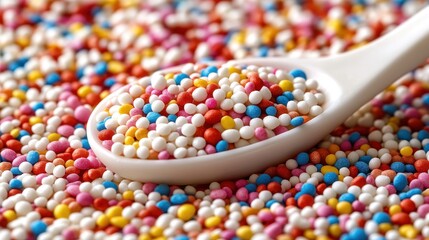 Colorful sprinkles on spoon, close-up, background of sprinkles.  Possible use food photography, baking, recipe