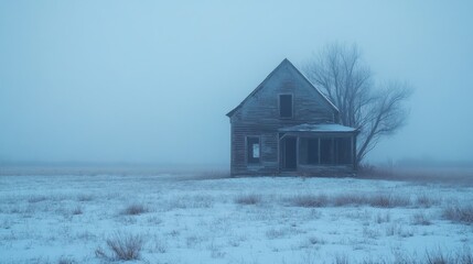 Foggy winter field, abandoned farmhouse, snow, desolate landscape, film scene