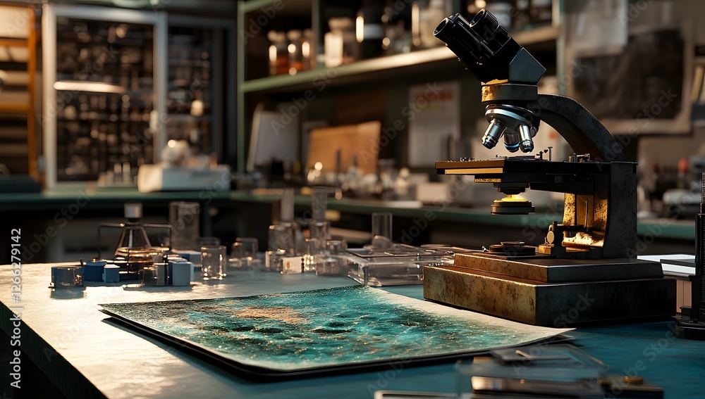 Aufkleber Vintage microscope on lab table with samples, cluttered lab background
