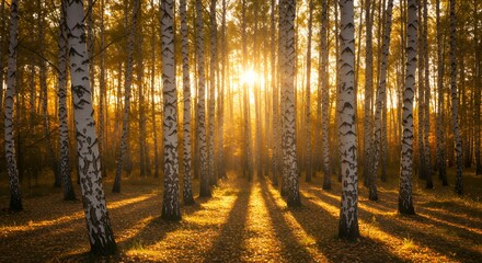 Obraz premium Golden Sunlight Through Birch Tree Forest with Autumn Leaves