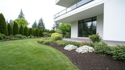 Naklejka premium Modern Home Backyard Landscaping with Lush Greenery