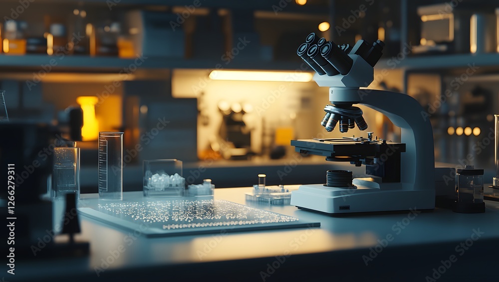 Poster Laboratory microscope research in a dimly lit science lab