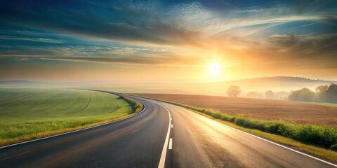 Naklejka premium Asphalt Road Curves Through Lush Green Fields Under a Vibrant Sunrise Sky