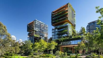 Lush urban residences, modern towers, park setting, sustainable design