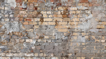 Obraz premium weathered brick wall with peeling paint and exposed layers, showcasing mix of colors and textures. surface tells story of age and wear, adding character to any space