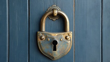 Fototapeta premium Antique padlock on a dark blue wooden door