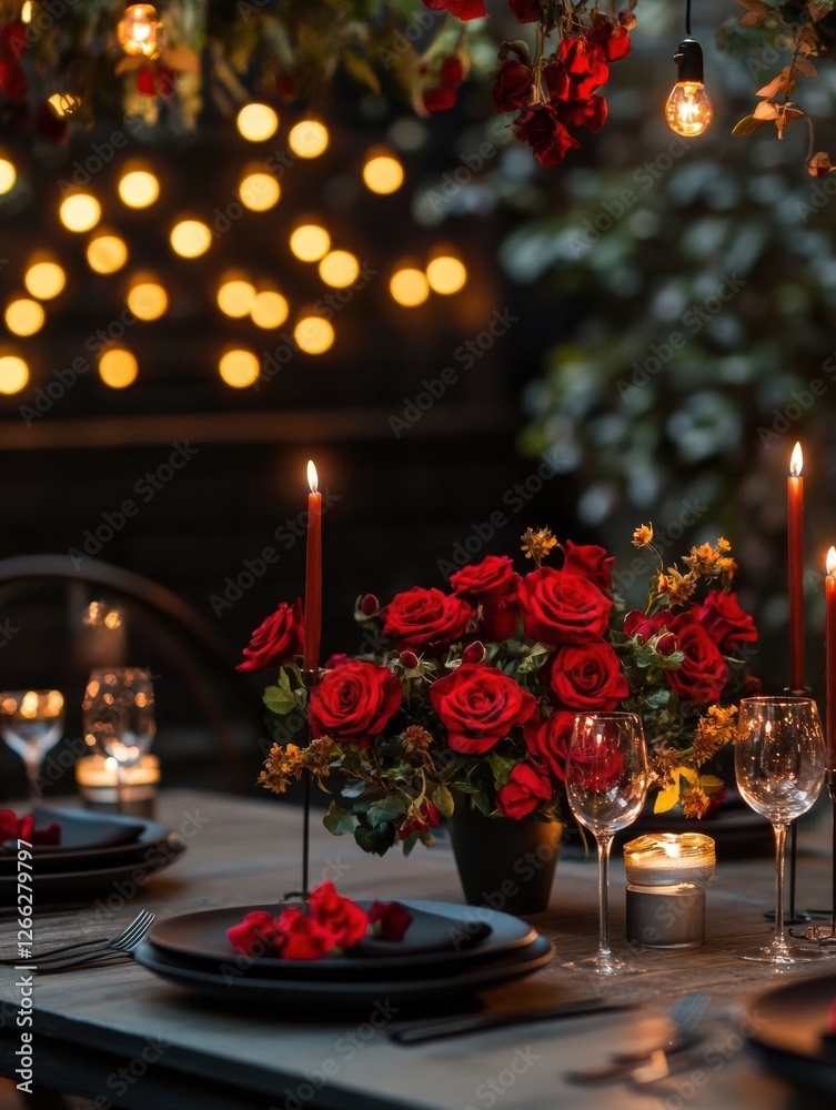 Poster romantic dinner setting with red roses and warm lights in an intimate outdoor space during evening h