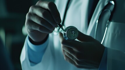Close up of doctor holding stethoscope for medical examination readiness
