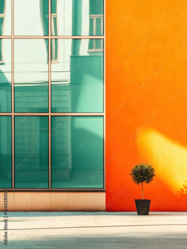 Poster modern architecture features colorful walls and reflective glass in bright sunlight with a small pla