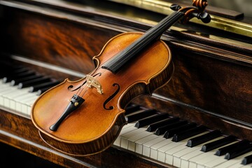 Fototapeta premium A violin on the grand piano with generative ai