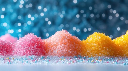 Colorful sugar piles, in a row, on a white surface, with blurred, sparkling background
