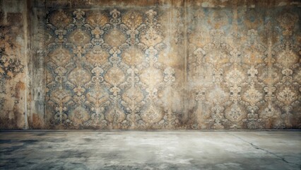 Fototapeta premium A Room with Aged, Ornate Wall and Weathered Concrete Floor, Ideal for Vintage or Historical Settings